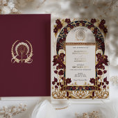 ブルガンディネイビーブルー&アンティーク金ゴールドフローラ結婚ズ 箔招待状