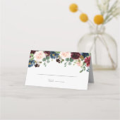 ブルガンディネイビーブルー&赤面ピンクフローラズ プレイスカード (正面)