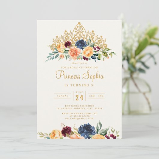 ブルガンディネイビープリンセスフローラティアラ誕生日 招待状 (スタンド正面)