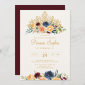 ブルガンディネイビープリンセスフローラティアラ誕生日 招待状 (正面/裏面)