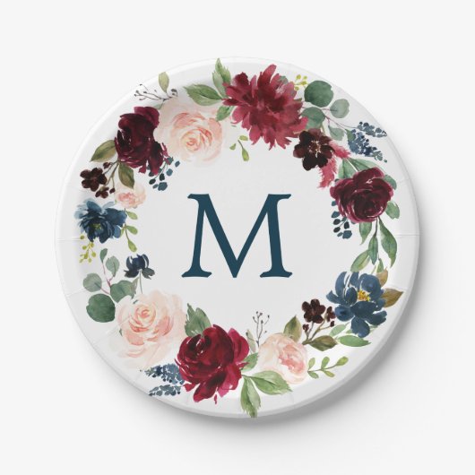 ブルガンディネイビーモノグラムブライダルシャワー紙プレート ペーパープレート (正面)