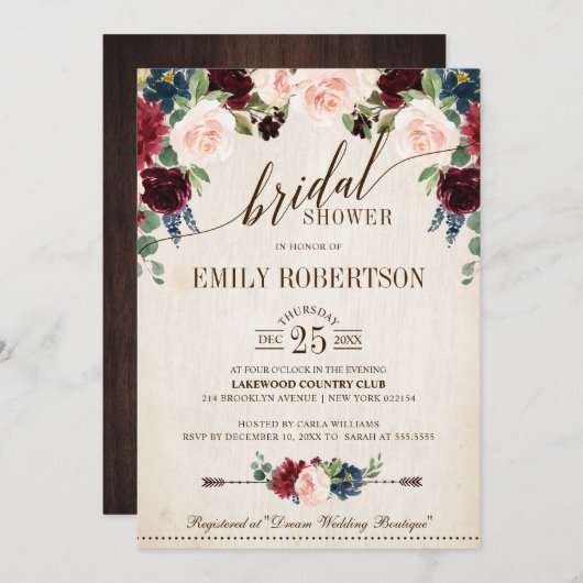 ブルガンディネイビー素朴フローラボホブライダルシャワー 招待状 (正面/裏面)