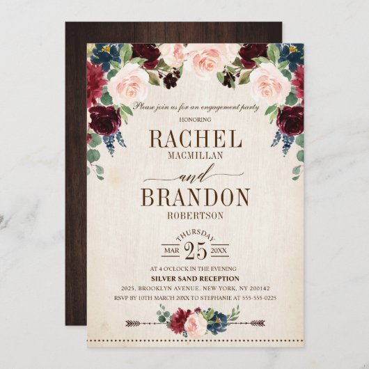 ブルガンディネイビー素朴フローラボホ婚約パーティ 招待状 (正面/裏面)