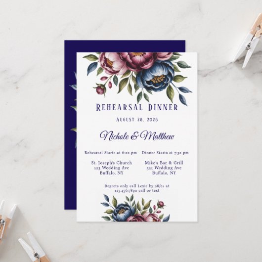 ブルガンディネイビー&赤面牡丹リハーサルディナー 招待状 (正面/裏面インサイチュ)