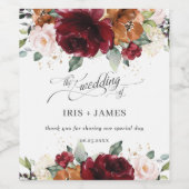 ブルガンディバーンオレンジ赤面アイボリーフローラ結婚ズ ワインラベル (シングルラベル)