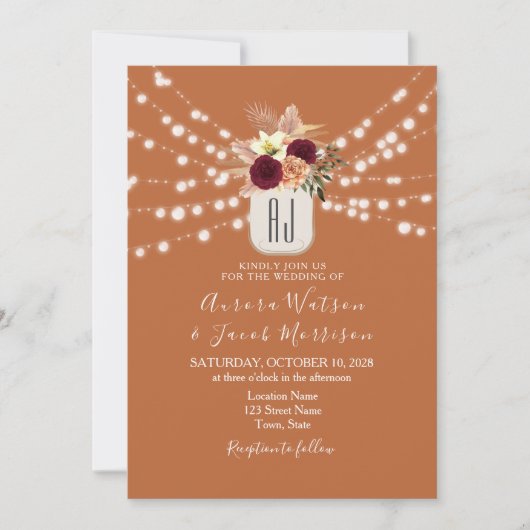 ブルガンディバーントオレンジ結婚式招待状 招待状 (正面)