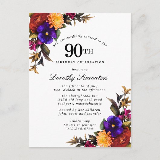 ブルガンディパープルイエロー90誕生日招待状 インビテーションポストカード (正面)