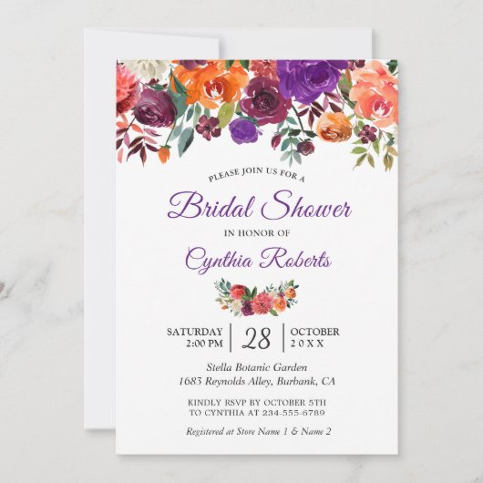 ブルガンディパープルオレンジフローラガーデンブライダルシャワー 招待状 (正面)