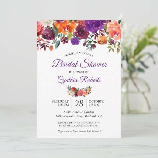 ブルガンディパープルオレンジフローラガーデンブライダルシャワー 招待状 (スタンド正面)