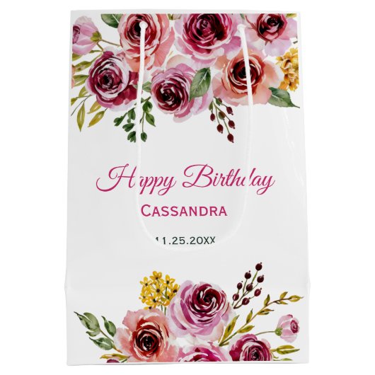 ブルガンディパープルバラ素朴フローラ誕生日 ミディアムペーパーバッグ (裏面)