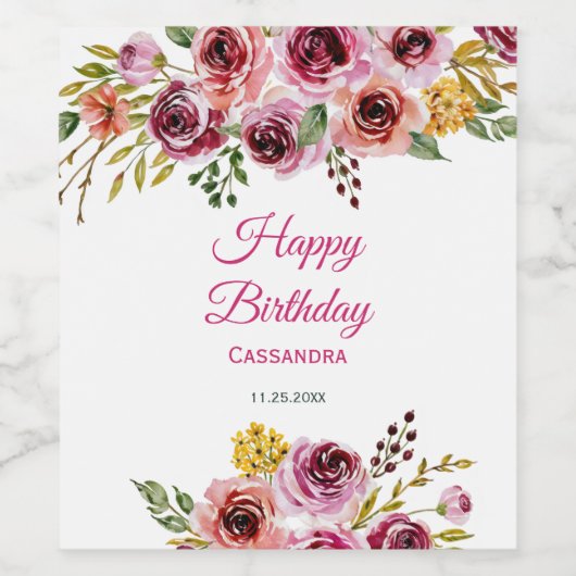 ブルガンディパープルバラ素朴フローラ誕生日 ワインラベル (シングルラベル)