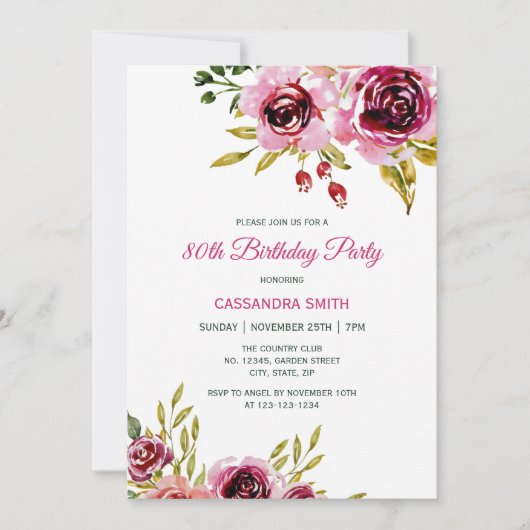 ブルガンディパープルバラ素朴フローラ誕生日 招待状 (正面)