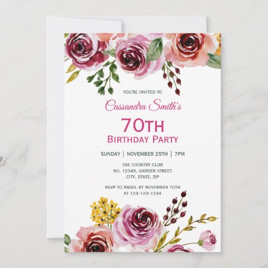 ブルガンディパープルブラウンバラ素朴フローラ誕生日 招待状 (正面)