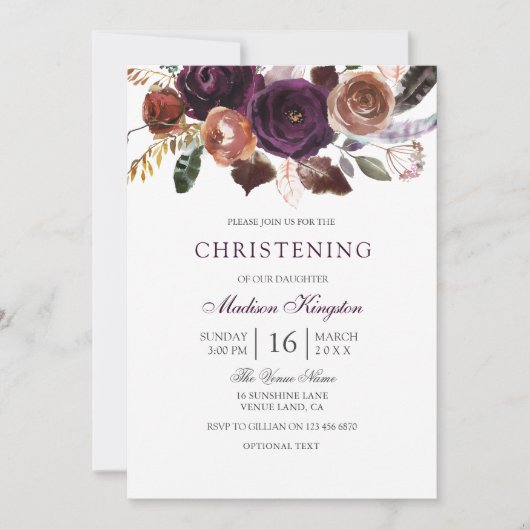 ブルガンディパープルプラムフローラ《キリスト教》洗礼式や命名式バプテスマ 招待状 (正面)