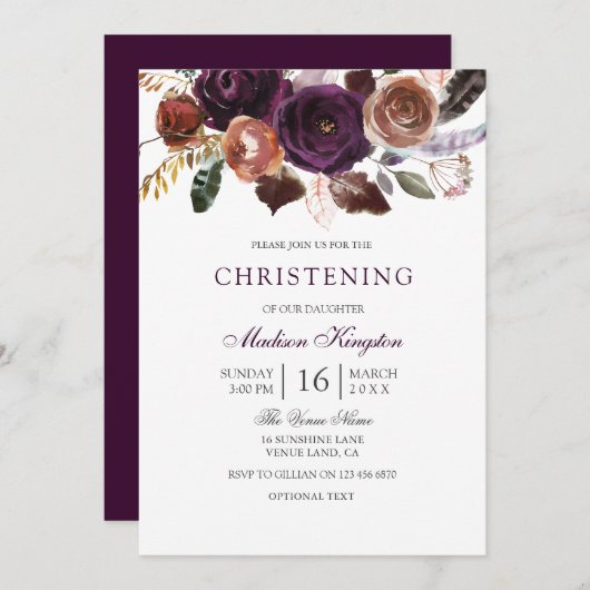 ブルガンディパープルプラムフローラ《キリスト教》洗礼式や命名式バプテスマ 招待状 (正面/裏面)