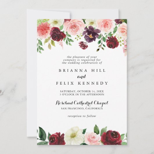 ブルガンディパープル春伝統的フローラ結婚ズ 招待状 (正面)