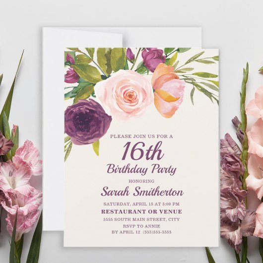 ブルガンディパープル赤面ピンクフローラ16位誕生日 カード