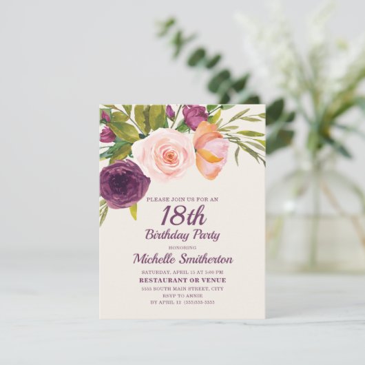 ブルガンディパープル赤面ピンクフローラ18誕生日 カード (スタンド正面)
