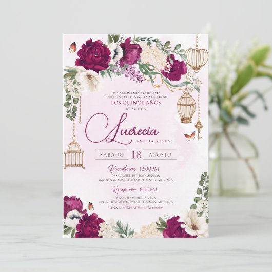 ブルガンディパープル金ゴールドバタフライエレガントクインセアニラ 招待状 (スタンド正面)