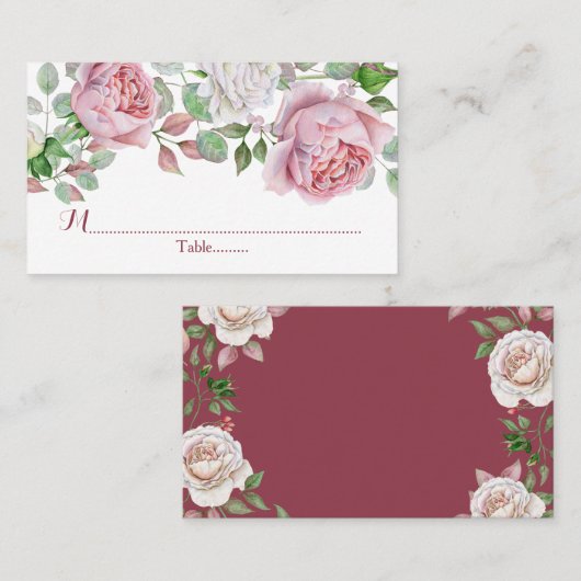 ブルガンディピンクカントリー結婚バラ座席表 プレイスカード (正面/裏面)