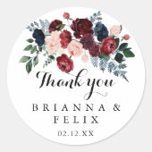 ブルガンディピンクネイビーフローラサンキューユユー結婚式の引き出物 ラウンドシール (正面)