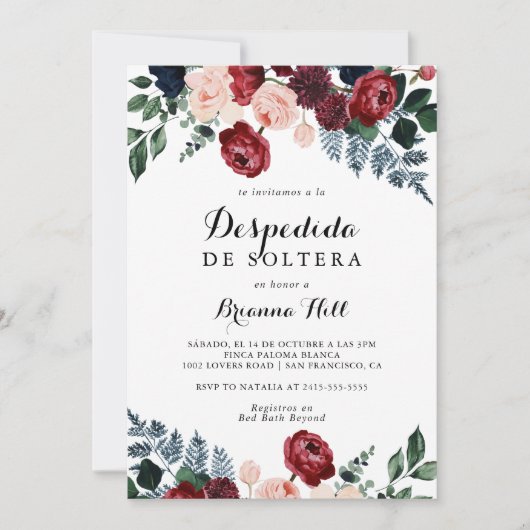 ブルガンディピンクネイビーフローラスペインのブライダルシャワー 招待状 (正面)