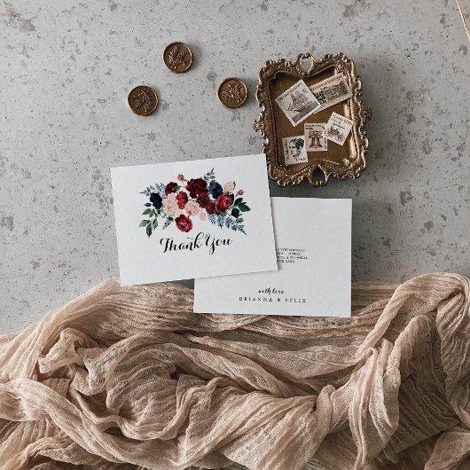 ブルガンディピンクネイビーフローラフラットズ結婚ズ サンキューカード