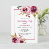 ブルガンディピンクパープルバラ素朴フローラ誕生日 招待状 (スタンド正面)