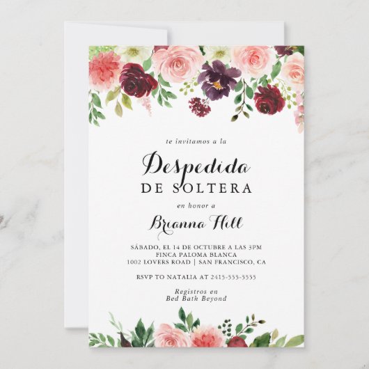 ブルガンディピンクパープル春スペインのブライダルシャワー 招待状 (正面)