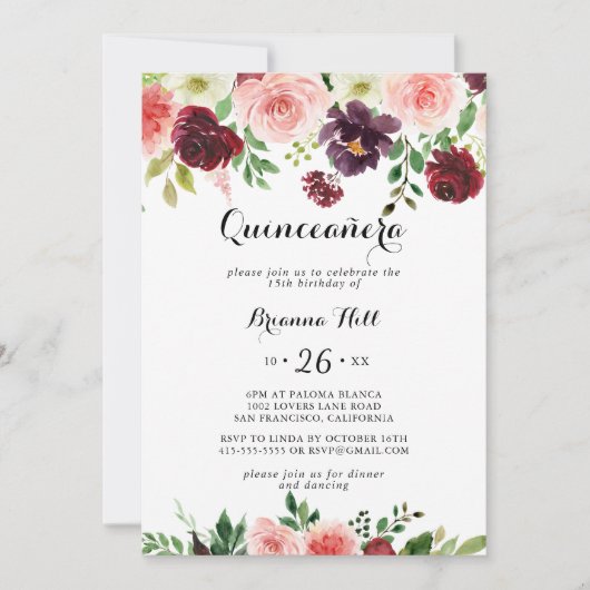 ブルガンディピンクパープル春フローラキンセアニラ 招待状 (正面)