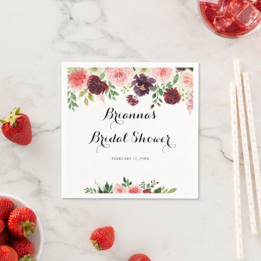 ブルガンディピンクパープル春フローラブライダルシャワー スタンダードカクテルナプキン (インサイチュ)