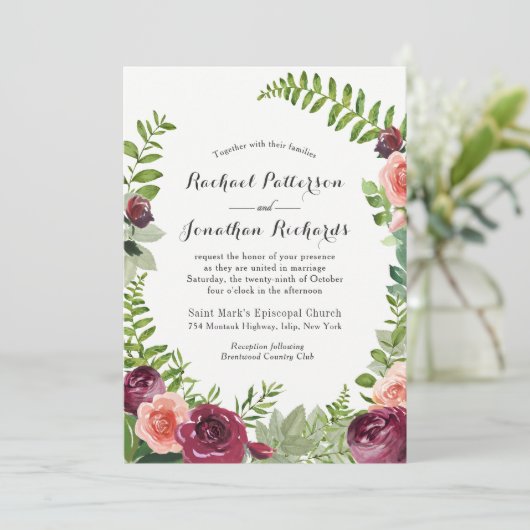 ブルガンディピンクファンタジーフローラ結婚式招待状 招待状 (スタンド正面)