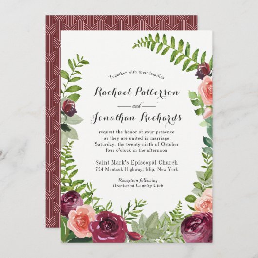 ブルガンディピンクファンタジーフローラ結婚式招待状 招待状 (正面/裏面)