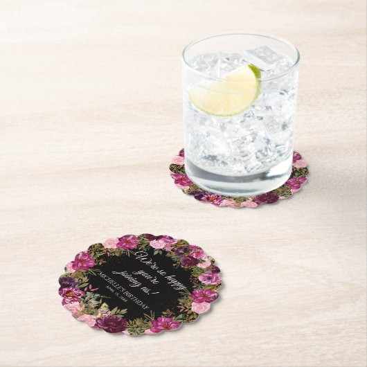 ブルガンディピンクフローラグリッターブラック誕生日 ペーパーコースター (インサイチュ)