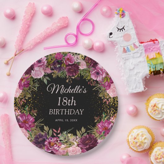ブルガンディピンクフローラグリッターブラック18誕生日 ペーパープレート (パーティー)