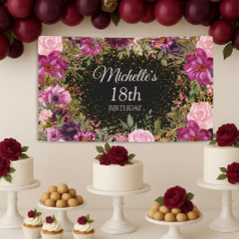 ブルガンディピンクフローラグリッターブラック18誕生日 横断幕