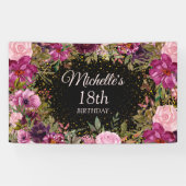 ブルガンディピンクフローラグリッターブラック18誕生日 横断幕 (横)