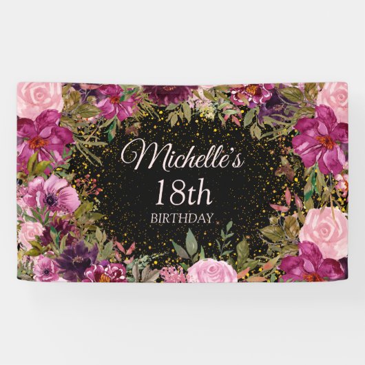 ブルガンディピンクフローラグリッターブラック18誕生日 横断幕 (横)