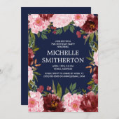 ブルガンディピンクフローラネイビーブルー75誕生日 招待状 (正面/裏面)