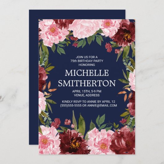 ブルガンディピンクフローラネイビーブルー75誕生日 招待状 (正面/裏面)