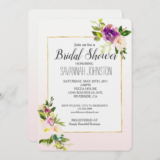 ブルガンディピンクフローラブライダルシャワー 招待状 (正面/裏面)