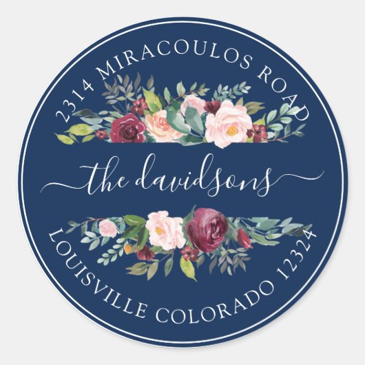 ブルガンディピンクフローラ差出人住所封筒用シール ラウンドシール (正面)