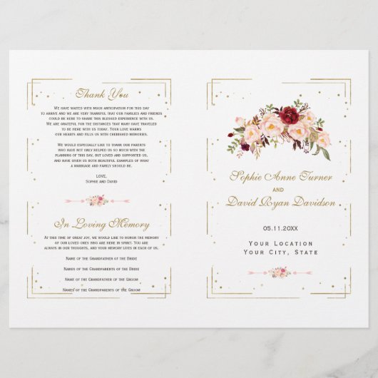 ブルガンディピンクフローラ金ゴールドグリッター結婚式 プログラム (正面)