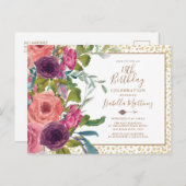 ブルガンディピンクフローラ金ゴールドグリッター18誕生日 インビテーションポストカード (正面/裏面)