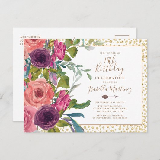 ブルガンディピンクフローラ金ゴールドグリッター18誕生日 インビテーションポストカード (正面/裏面)