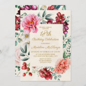 ブルガンディピンクフローラ18番目の誕生日招待状 招待状 (正面/裏面)
