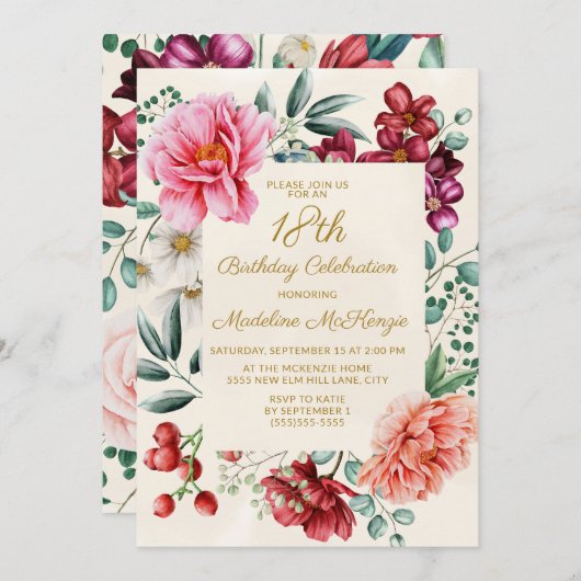 ブルガンディピンクフローラ18番目の誕生日招待状 招待状 (正面/裏面)