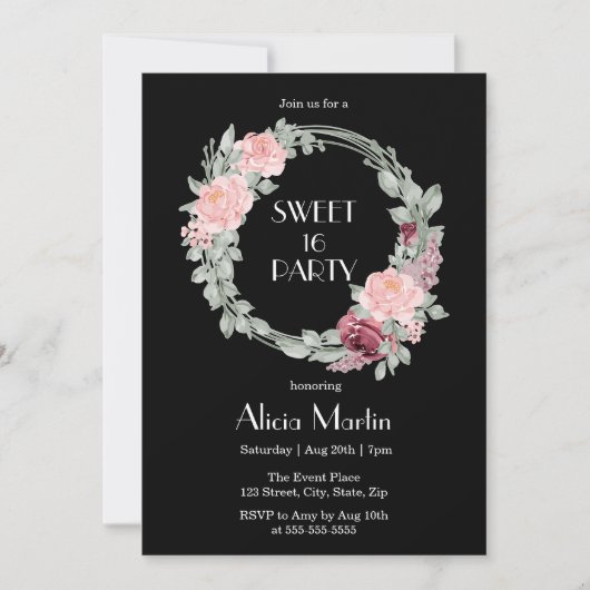 ブルガンディピンクローズエレガントフローラスウィート16誕生日 招待状 (正面)