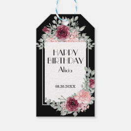 ブルガンディピンクローズフローラブラックハッピーバースデー ギフトタグ