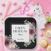 ブルガンディピンクローズフローラブラックハッピーバースデー ペーパープレート (パーティー)